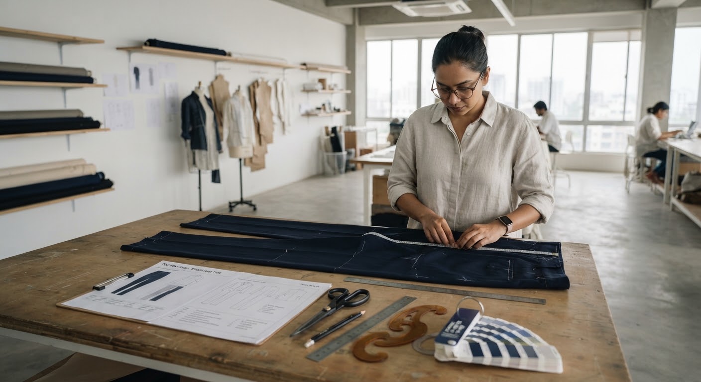 A pattern maker preparing a garment sample on the table at PANOTEX BD's Dhaka studio